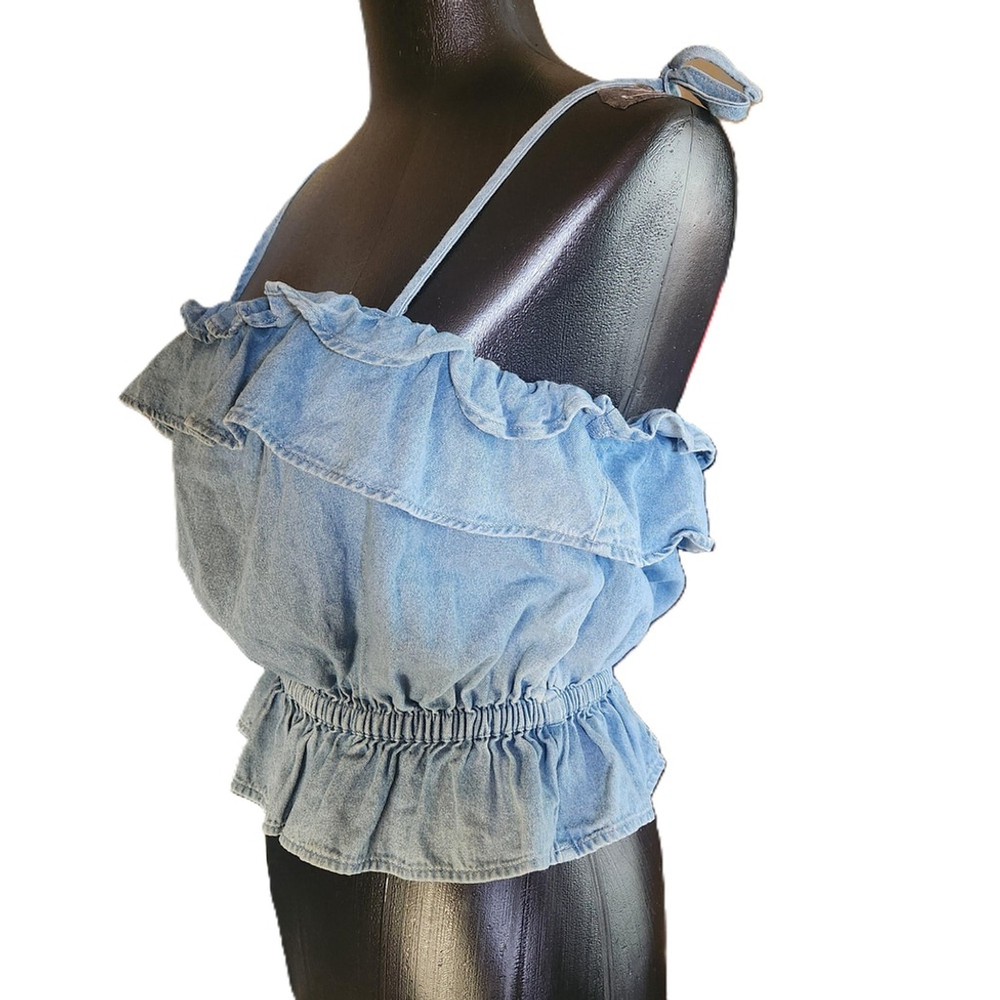 American Eagle Womens Blue Ruffled Denim Sleeveless Crop Top Shirt Extra Small - Picture 4 of 8